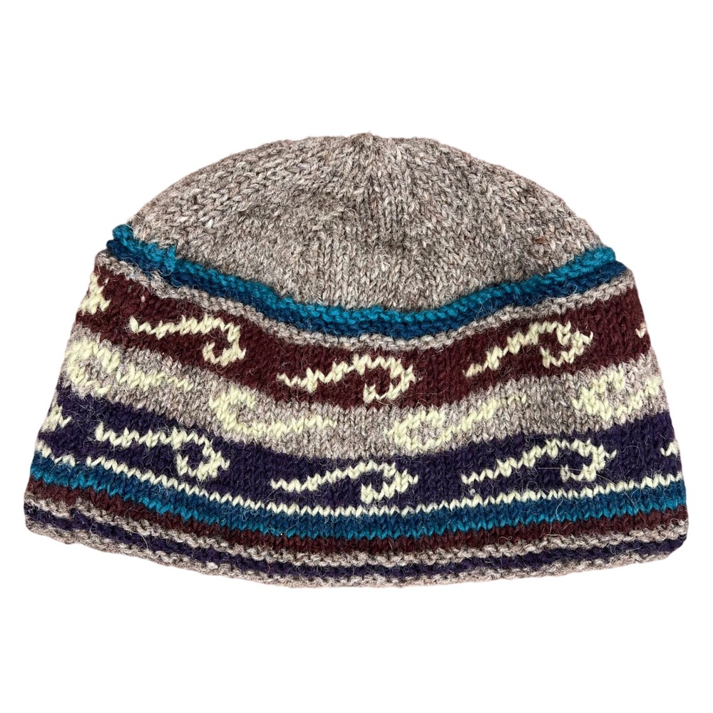 Lost Horizons Hand Made Nepal 100% Wool Fleece Lined Beanie Hat Brown Purple
